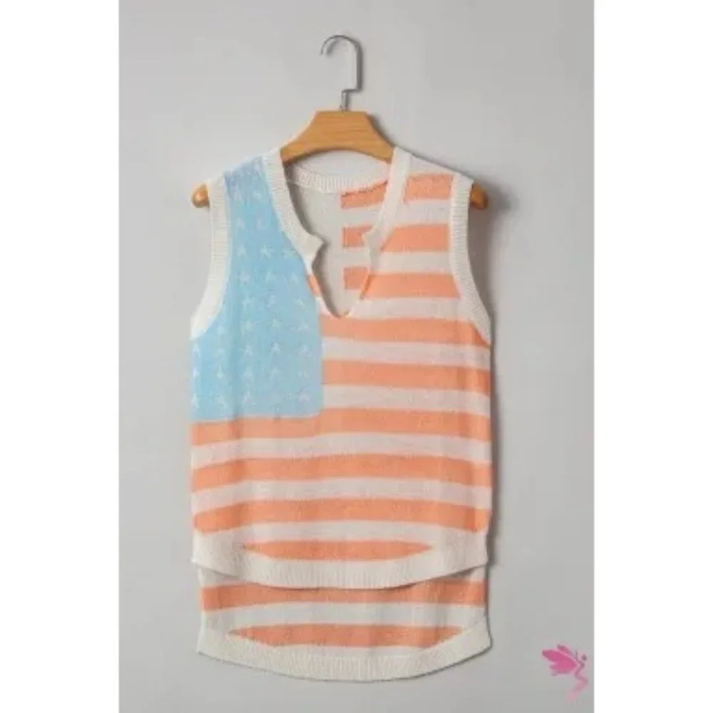 Beige USA Flag Notched Neckline Loose Sweater Vest Size Medium - Picture 3 of 4